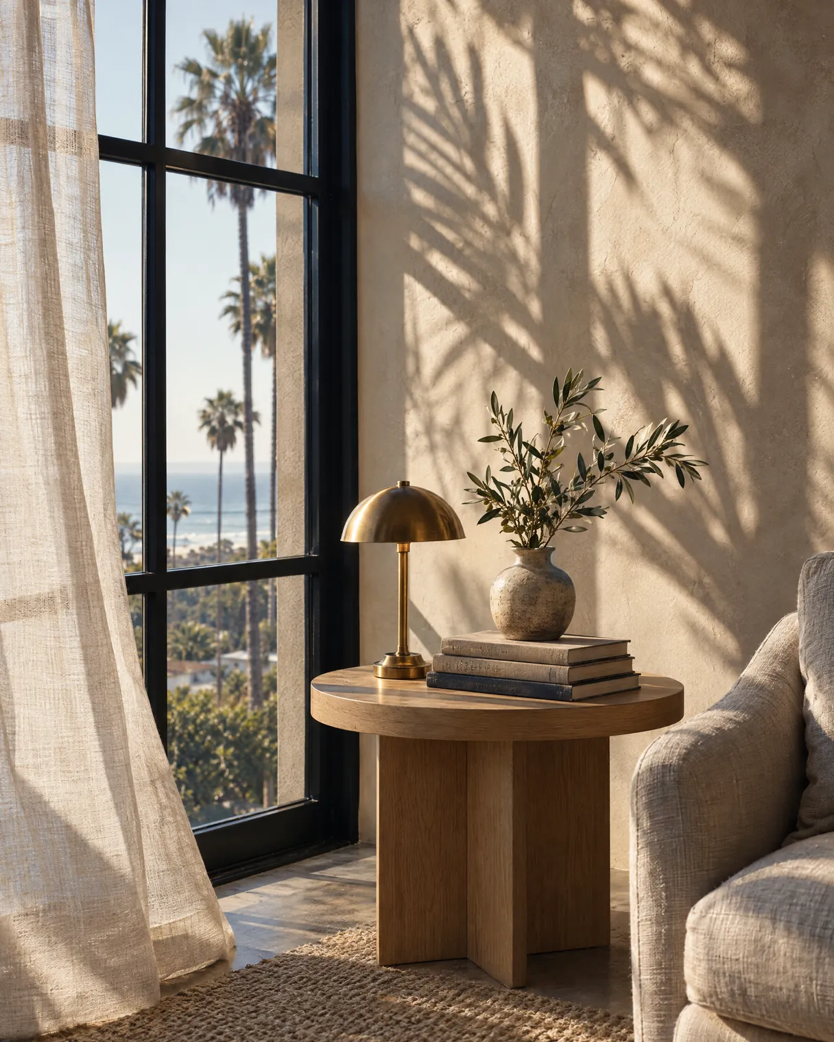 A sunlit corner of the Santa Monica office: brass lamp, olive branch and linen chair by a tall window with palms outside