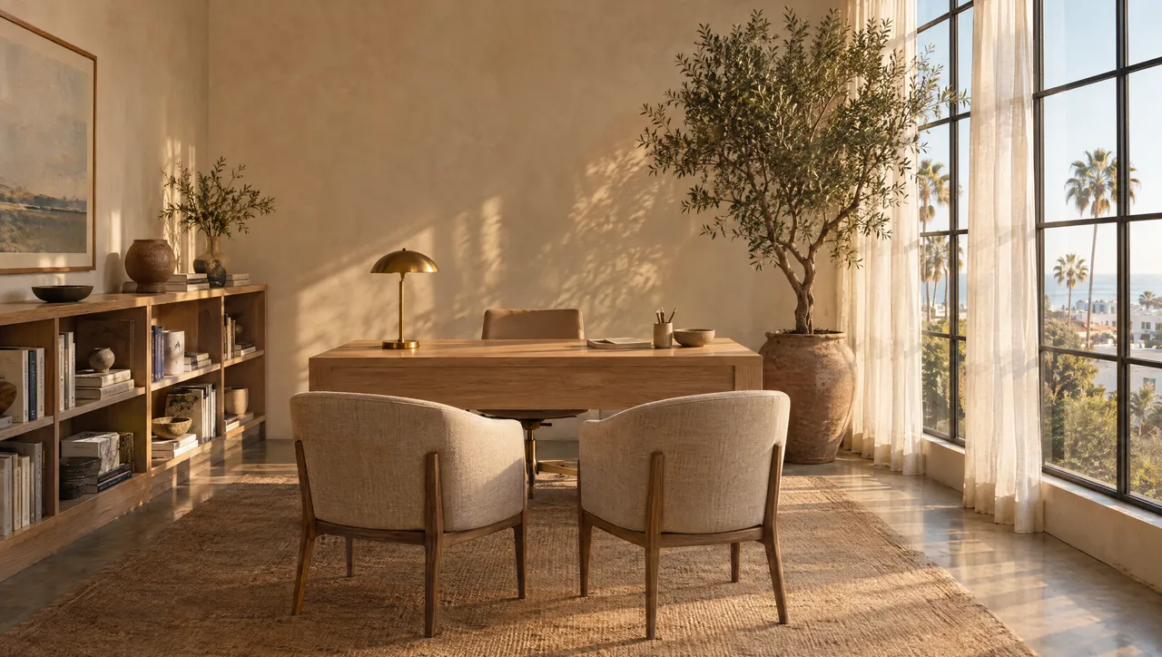 A warm, minimal boutique office in Santa Monica with an oak desk and linen chairs