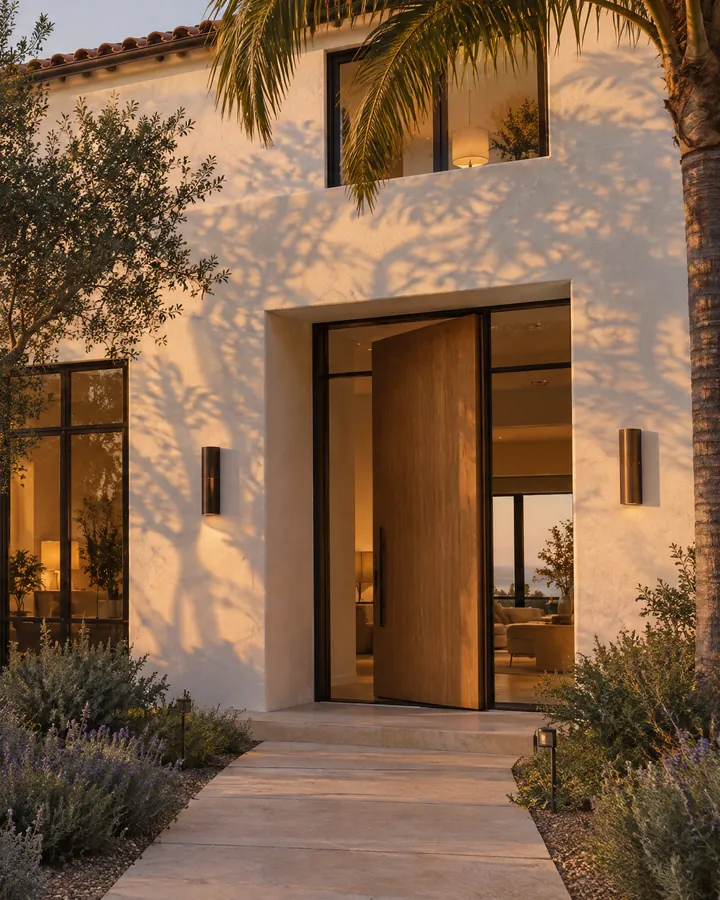 A Spanish-modern Santa Monica home at golden hour, its oak front door open to an ocean view