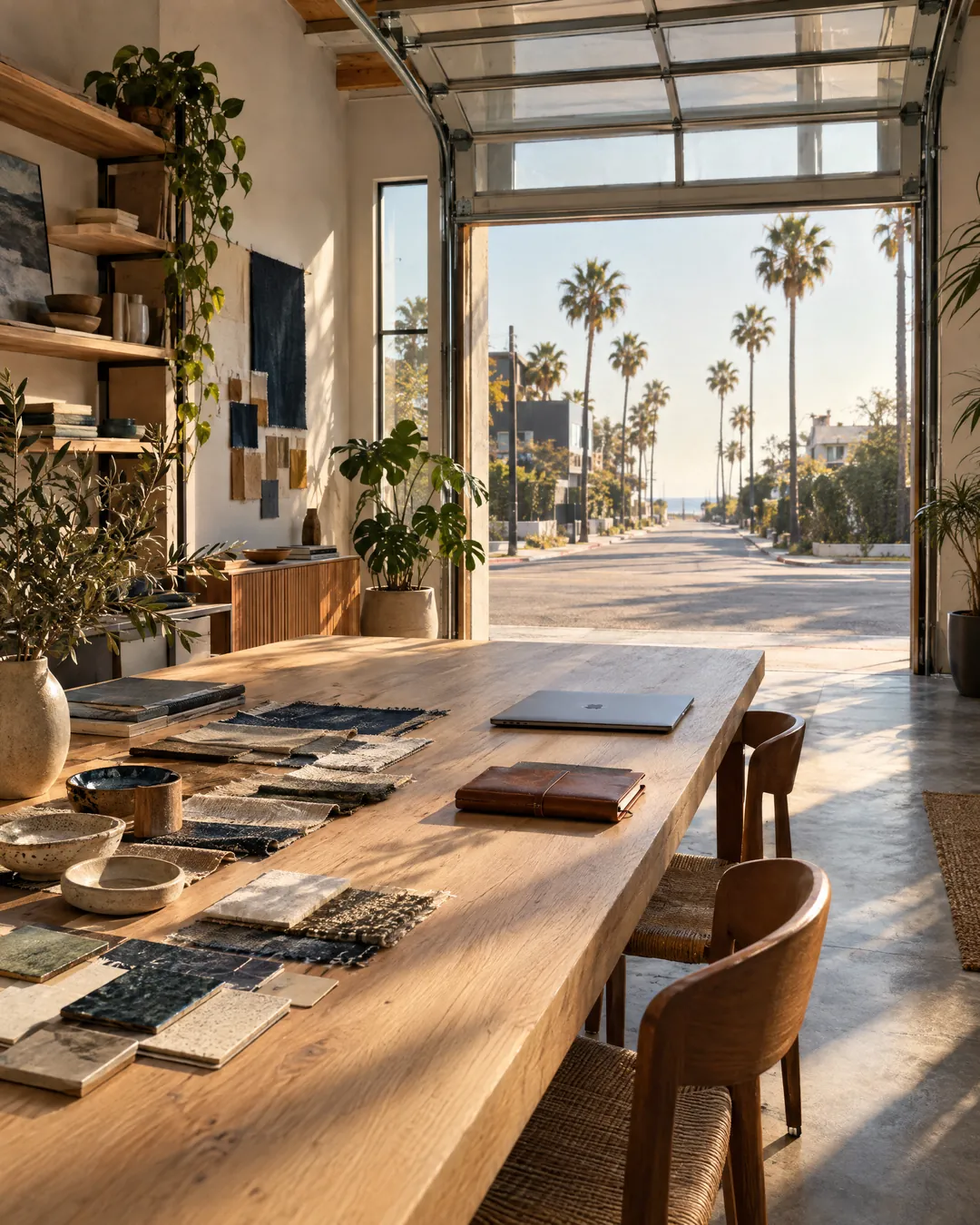 A sunlit small-business studio with a long oak worktable