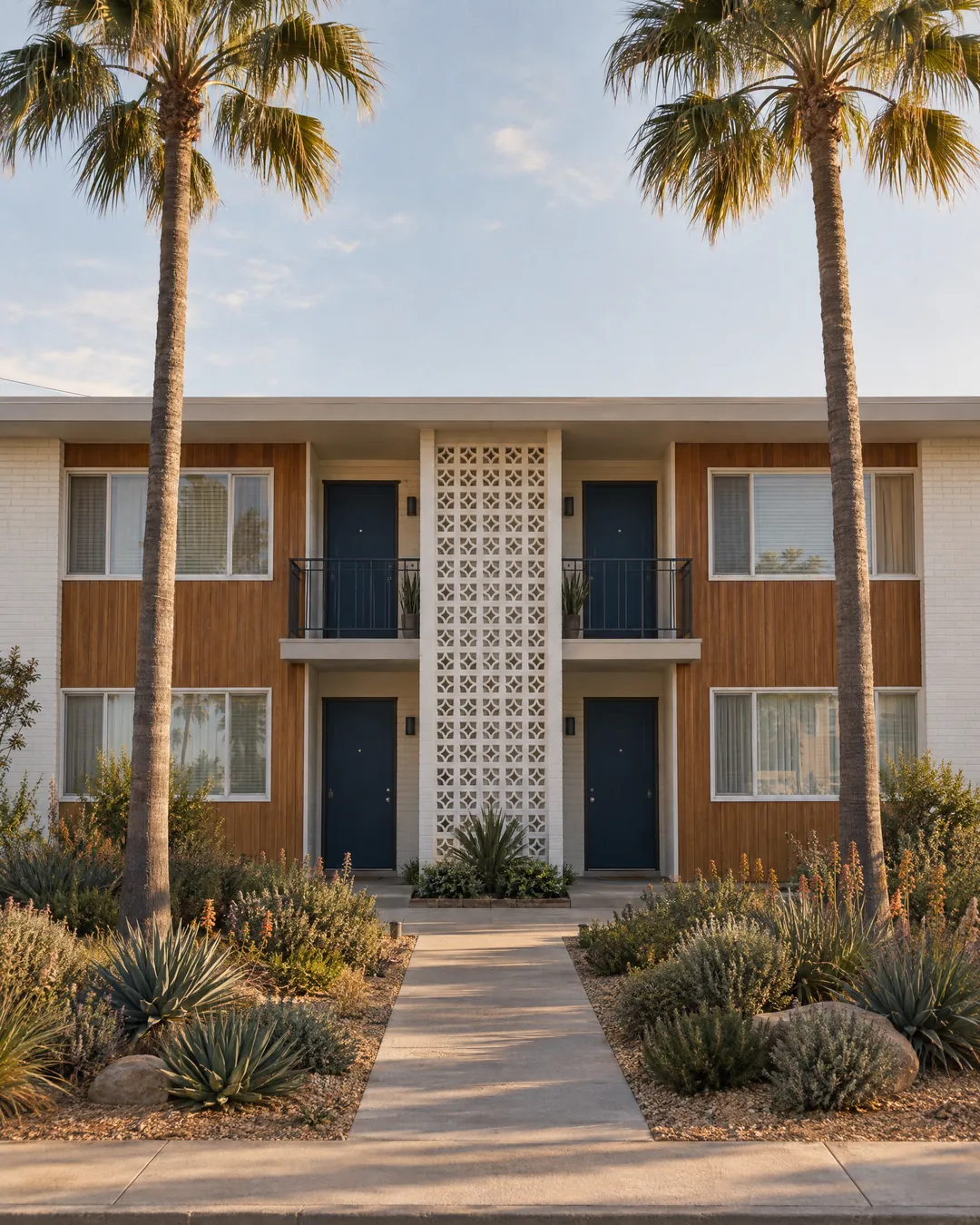 A mid-century fourplex rental in Long Beach with palm trees