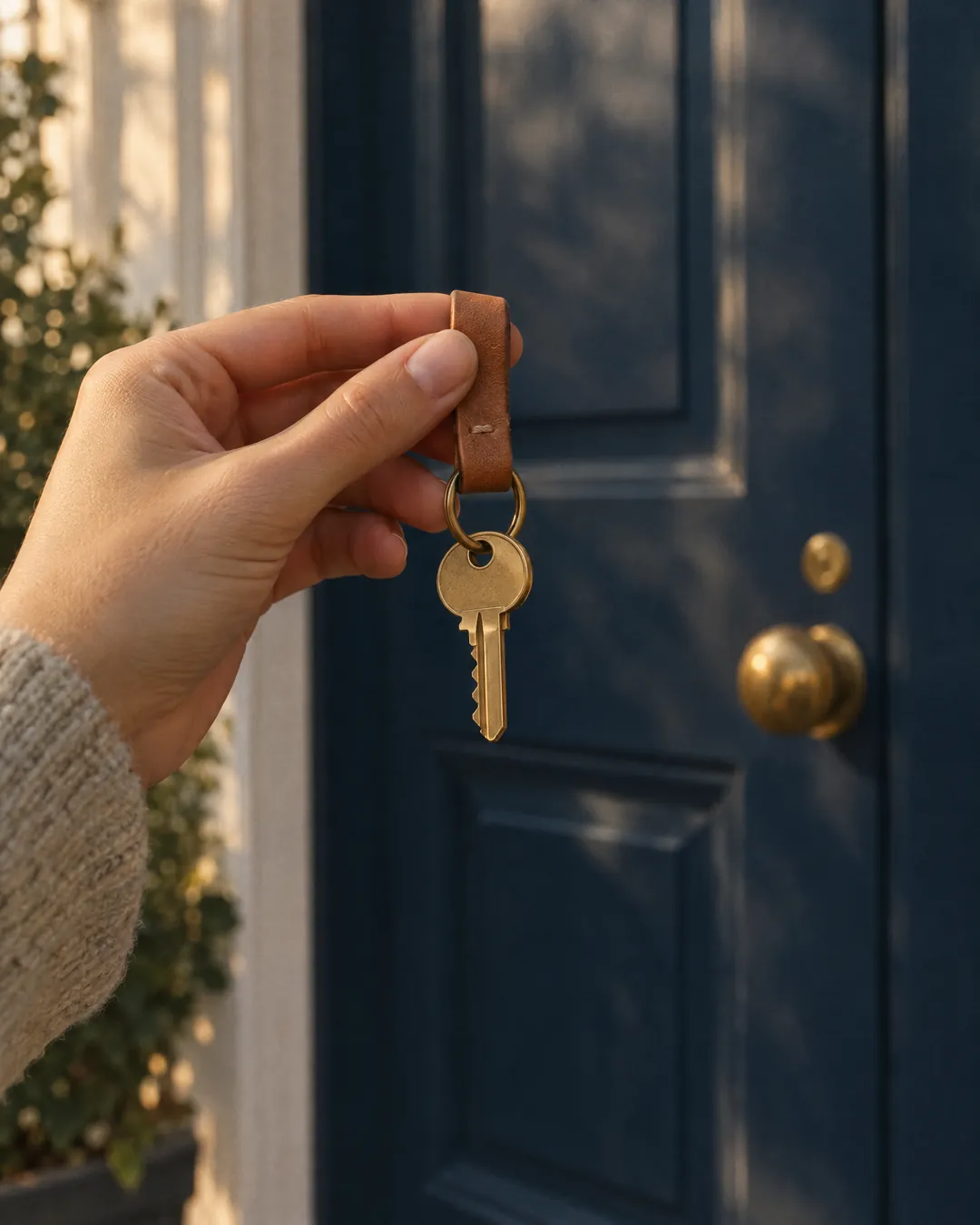 A hand holding a new brass house key in front of a navy front door