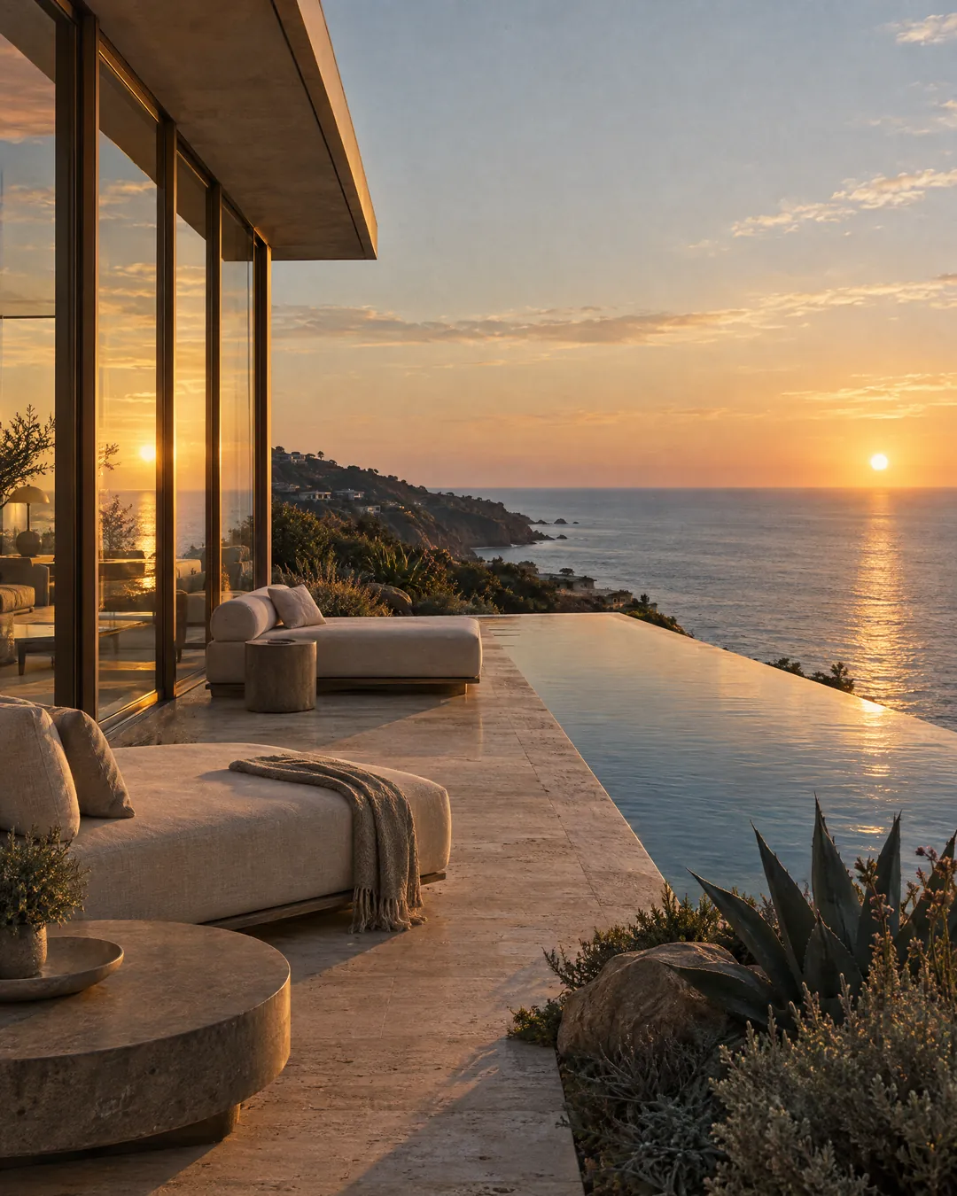 A Malibu hillside terrace with an infinity pool facing the Pacific at sunset