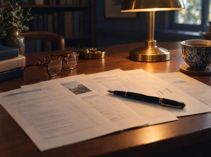 Printed loan comparisons fanned out on a desk under a brass lamp