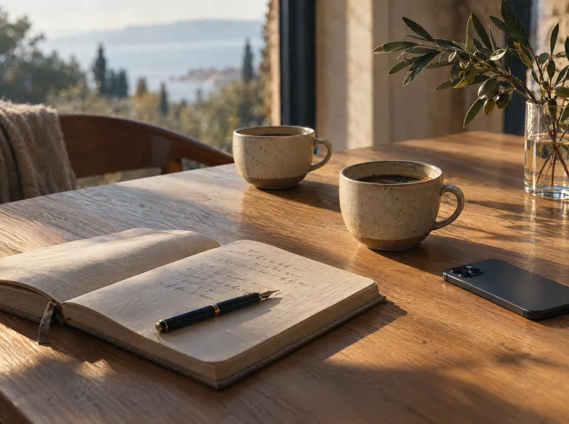 Two coffee cups and an open notebook on an oak table by a window
